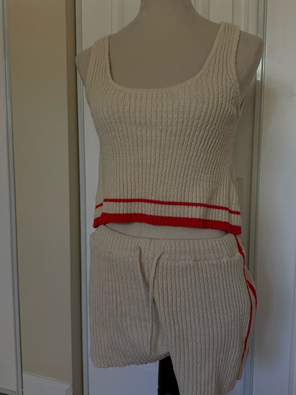 Billabong Cream Ribbed Knit Tank and Shorts Set with Red Trim